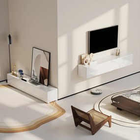HOMCOM Dulap TV Suspendat 180 cm pentru TV până la 75 Inch, Dulap Modern pentru Living cu Uși cu Deschidere prin Apăsare și Orificii pentru Cabluri, Consolă Multimedia Montată pe Perete, Alb Lucios | Aosom Romania
