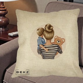 Cadou pentru Mama - Perna Personalizata Mama si Baietelul cu Ursulet, 40x40 cm, Crem, Husa Detasabila, Perna Inclusa, BEKZ®