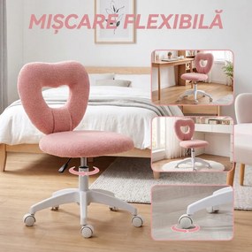 HOMCOM Scaun de Birou Rotativ cu Spătar în Formă de Inimă, Înălțime Reglabilă, Țesătură Teddy, 45x56x78-88 cm, Roz | Aosom Romania