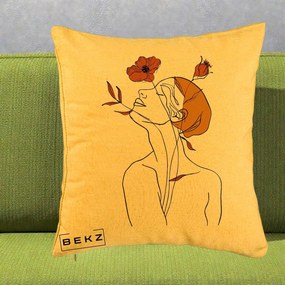 Perna Decorativa Portret Feminin Mac Privire Inalta, 40x40 cm, Galben, Husa Detasabila, Perna Inclusa, BEKZ®
