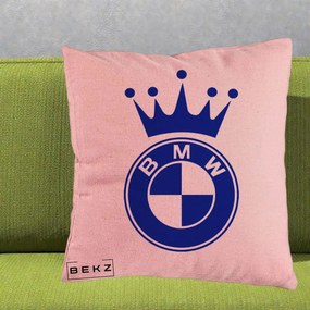 Perna Personalizata cu emblema BMW si Coroana, 40x40 cm, Roz, Husa Detasabila, Perna Inclusa, BEKZ®