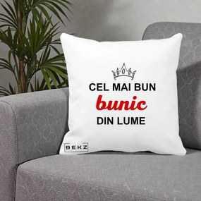 Cadou pentru Bunic - Perna Personalizata Cel Mai Bun Bunic Din Lume Coroana Rosu, 40x40 cm, Alba Mata, Husa Detasabila, Perna Inclusa, BEKZ®