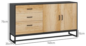 HOMCOM Bufet de Bucătărie cu 3 Sertare și un Dulăpior cu 2 Uși cu Închidere Lină, 140x35x75 cm, Lemn Natural | Aosom Romania