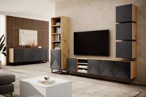 Dulap TV suspendat Asha 200 cm, partea frontală riflat și nișă – stejar artisan / rivier stone mat