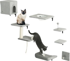 PawHut Perete de cățărat pentru pisici 7 piese set de cățărat pentru pisici cu cușcă, platformă, platformă Gri | Aosom Romania