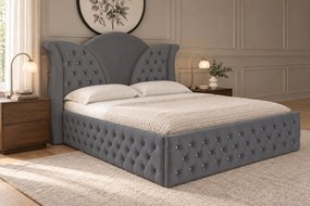 Pat tapițat Chesterfield din catifea Velora Deluxe 140×200 cm, gri închis, cu ladă de depozitare