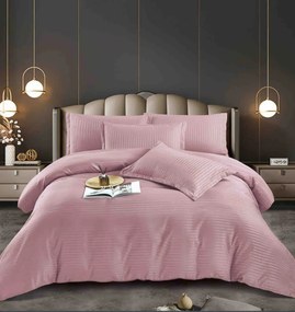 Lenjerie pat dublu, damasc finetat Deluxe, 6 piese, cearceaf pat cu elastic- Roz antic