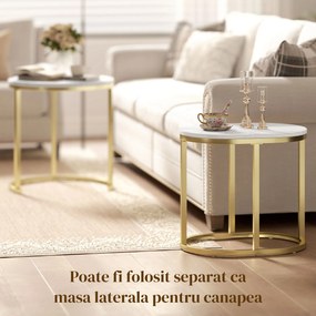 HOMCOM Set 2 Măsuțe de Cafea cu Blat cu Efect de Marmură din MDF și Oțel, Ø50x50.5 cm și 60x36x43.5 cm, Alb și Auriu | Aosom Romania