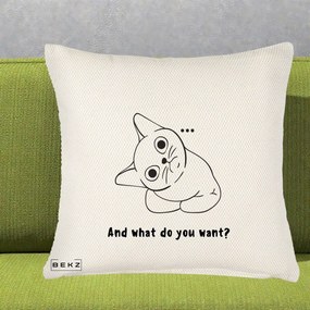 Perna Decorativa And What Do You Want Cat, 40x40 cm, Crem Reliefat, Husa Detasabila, Perna Inclusa, BEKZ®