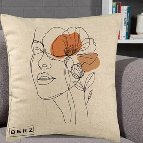 Perna Decorativa Portret Feminin Mac Profilat, 40x40 cm, Bej, Husa Detasabila, Perna Inclusa, BEKZ®