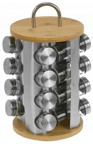 Set 16 borcane pentru condimente cu suport rotativ Klausberg KB 7553, bambus si otel, Inox/maro