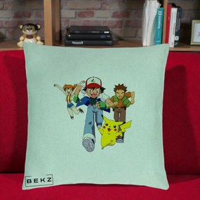Perna Personalizata Pokemon Ash Misty Brock si Pikachu, 40x40 cm, Verde Menta, Husa Detasabila, Perna Inclusa, BEKZ®