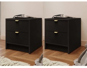 NON16 - Set 2 Noptiere negre, 40 cm, cu 2 sertare, dormitor - Negru - Auriu