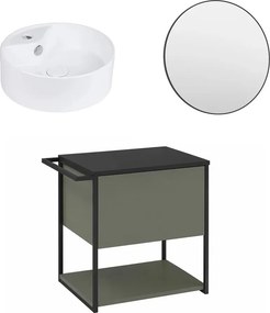 Set dulap baza suspendat Krofam Lov verde-negru 60 cm blat negru cu lavoar 38 cm si oglinda cu rama neagra