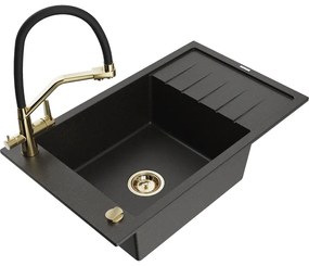 Mexen Elias chiuvetă de granit cu un compartiment, cu picurător și baterie de bucătărie Duo, Neagră/Auriu metalic - 6511-75-6717