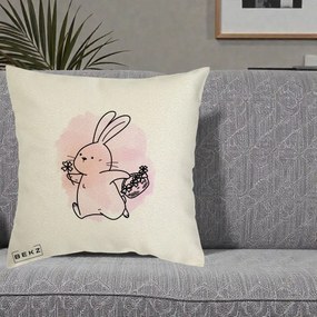 Perna Decorativa Iepuras Kawaii cu Cosulet Floral, 40x40 cm, Ecru, Husa Detasabila, Perna Inclusa, BEKZ®
