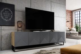 Comodă TV Asha 200 cm cu partea frontală canelat și cadru metalic negru – stejar artisan / rivier stone mat