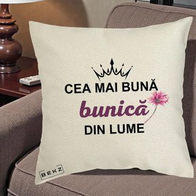 Cadou pentru Bunica - Perna Personalizata Cea Mai Buna Bunica Din Lume Coroana Mov Floare Roz, 40x40 cm, Ecru, Husa Detasabila, Perna Inclusa, BEKZ®