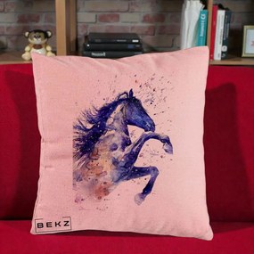 Perna Decorativa Cal Albastru Acuarela, 40x40 cm, Roz, Husa Detasabila, Perna Inclusa, BEKZ®