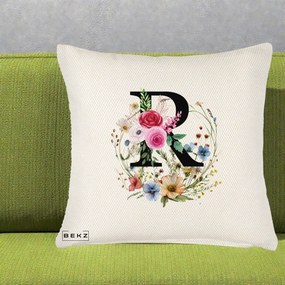 Cadou Personalizat - Perna Personalizata Monogram Litera R cu Flori Acuarela, 40x40 cm, Crem Reliefat, Husa Detasabila, Perna Inclusa, BEKZ®