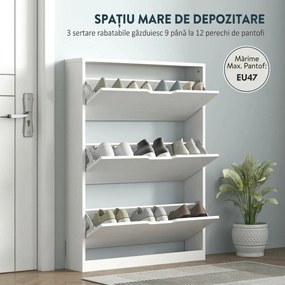 HOMCOM Dulap Subțire cu 3 Uși Rabatabile, pentru 12 Perechi de Pantofi, 80x17x108 cm, Alb | Aosom Romania