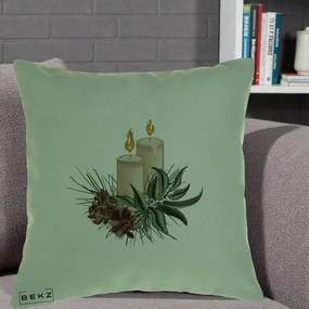 Perna Decorativa Lumanari cu Ilex si Conuri Ilustratie, 40x40 cm, Verde, Husa Detasabila, Perna Inclusa, BEKZ®