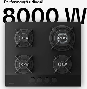 Klarstein Plită pe gaz Velaire, plită cu 4 arzătoare cu aprindere electrică, compatibilă cu gaz natural și GPL, 8000W, 60cm