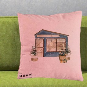 Perna Decorativa Casa de Iarna Watercolor, 40x40 cm, Roz, Husa Detasabila, Perna Inclusa, BEKZ®