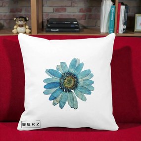 Perna Decorativa Floare Margareta Albastra Acuarela, 40x40 cm, Alba Mata, Husa Detasabila, Perna Inclusa, BEKZ®