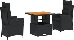 vidaXL Set mobilier de grădină cu perne, 3 piese, negru, poliratan