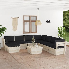 Set mobilier gradina din paleti cu perne, 9 piese, lemn molid Negru, 3x colt + 4x mijloc + masa + suport pentru picioare, 1