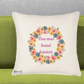 Cadou pentru Bunica - Perna Personalizata Cea Mai Buna Bunica Coronita Flori Multicolore, 40x40 cm, Crem Reliefat, Husa Detasabila, Perna Inclusa, BEKZ®