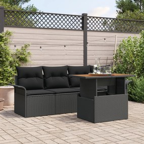 vidaXL Set canapea grădină 5 piese cu perne, rattan poly negru, acacia