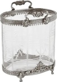 Suport lumânare din sticlă decorată manual și alamă, argintiu, oval, cu mânere și margine ornamentată, aspect vintage, finisaj antichizat, 19 x 15