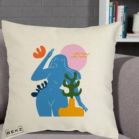 Perna Decorativa Femeie Albastra Cactus, 40x40 cm, Ecru, Husa Detasabila, Perna Inclusa, BEKZ®
