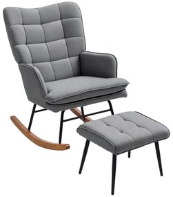 HOMCOM Fotoliu cu leagăn și taburet, confortabil, până la 130 kg, aspect de in, 64x89x90cm, Gri închis | Aosom Romania