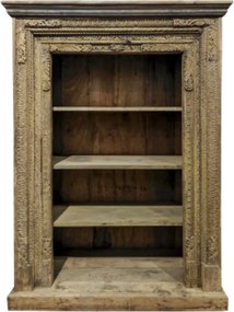 Bibliotecă din lemn masiv de teak cu sculpturi antice, finisaj natural, 3 rafturi, 120×50×180 cm, „Haveli"