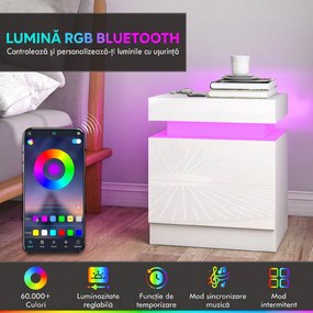 HOMCOM Set 2 Noptiere LED cu 4 Moduri, 2 Sertare, PAL, 45x35x52 cm, Alb Lucios | Aosom Romania