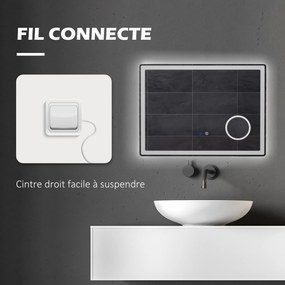 kleankin Oglindă de baie rectangulară cu LED, funcție antiabur, luminozitate reglabilă, oglindă cu zoom x3 80 x 60 cm transparent | Aosom Romania