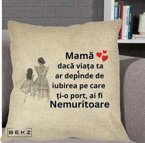 Cadou pentru Mama - Perna Personalizata Mama Nemuritoare Line Art, 40x40 cm, Crem, Husa Detasabila, Perna Inclusa, BEKZ®