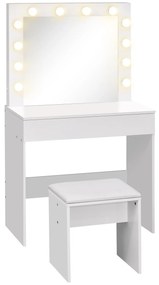 Masa de machiaj cu scaun tapitat oglinda cu12 lampi cu LED sertar mare vintage pentru dormitor din MDFalb HOMCOM | Aosom RO