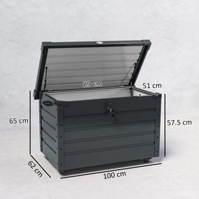 Outsunny Ladă de Grădină de 295L cu Încuietoare, 2 Mânere și 4 Rotile, Mobilier Depozitare din Oțel, 100x62x65 cm, Gri | Aosom Romania