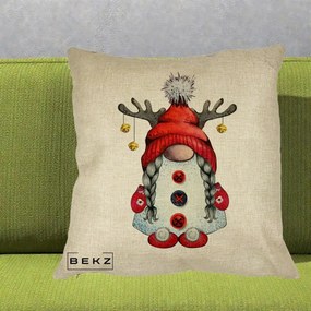 Perna Decorativa Pitic Gnom Craciun cu Coarne de Ren, 40x40 cm, Crem, Husa Detasabila, Perna Inclusa, BEKZ®