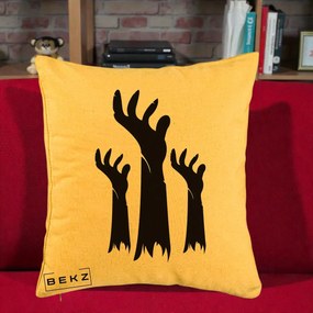 Perna Decorativa Halloween Maini Zombie Alb-Negru, 40x40 cm, Galben, Husa Detasabila, Perna Inclusa, BEKZ®