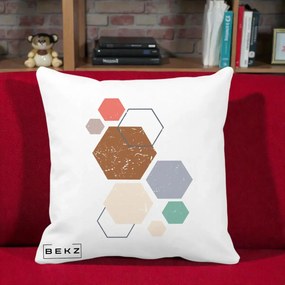 Perna Decorativa Geometric Hexagoane Multicolor, 40x40 cm, Alba Mata, Husa Detasabila, Perna Inclusa, BEKZ®