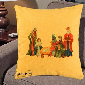 Perna Decorativa Nasterea Domnului Cei Trei Magi Acuarela, 40x40 cm, Galben, Husa Detasabila, Perna Inclusa, BEKZ®