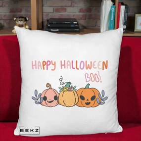 Perna Decorativa Happy Halloween Boo Trei Dovlecei Kawaii, 40x40 cm, Alb Pufos, Husa Detasabila, Perna Inclusa, BEKZ®