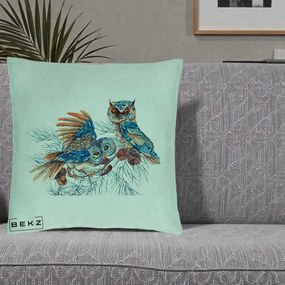Perna Decorativa Bufnite de Iarna Albastre, 40x40 cm, Verde Menta, Husa Detasabila, Perna Inclusa, BEKZ®
