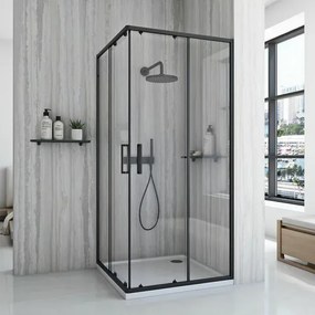 Cabina de dus patrata cu usi glisante negru Rea City 80x80 cm si cadita neagra