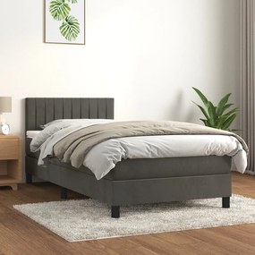 Pat box spring cu saltea, gri inchis, 90x200 cm, catifea Morke gra, 90 x 200 cm, Benzi verticale